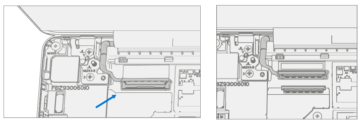 Screenshot that shows sliding display connector into mainboard and locking metal buckle.