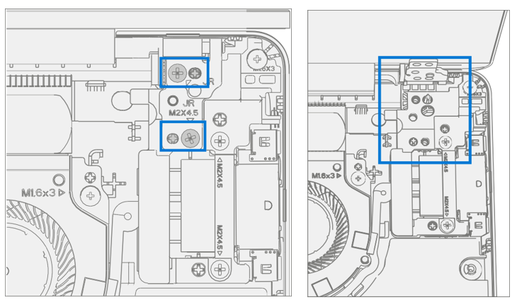 Screenshot that shows removing two right hinge screws to elevate hinge for bracket access.