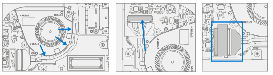 Screenshot that shows routing Surflink cable around fan shroud and pressing connector latch with new foil tape.