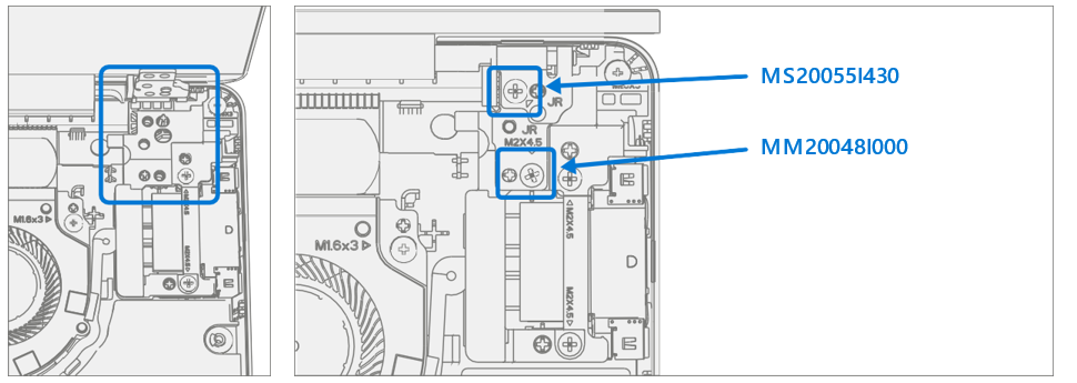 Screenshot that shows reinstalling right hinge screws (one long one short) securing hinge over bracket.