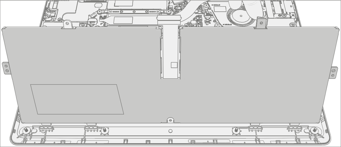 Screenshot that shows lifting battery vertically out of chassis after screw removal.