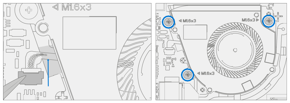 Screenshot that shows disconnecting fan cable before removing three fan assembly screws.