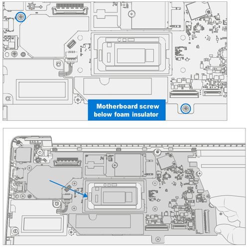 Screenshot that shows removing two motherboard screws and lifting board at angle to the right.