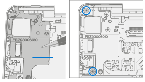 Screenshot that shows installing left bracket with two new screws aligned to holes.