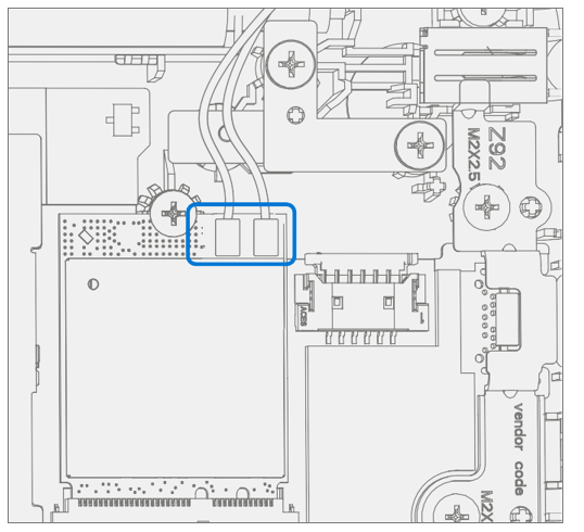 Screenshot that shows reconnecting white (right) and black (left) antenna cables onto the WiFi module.