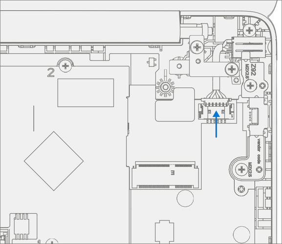 Screenshot that shows a spudger disconnecting the DC power cable from the motherboard (PCBA).