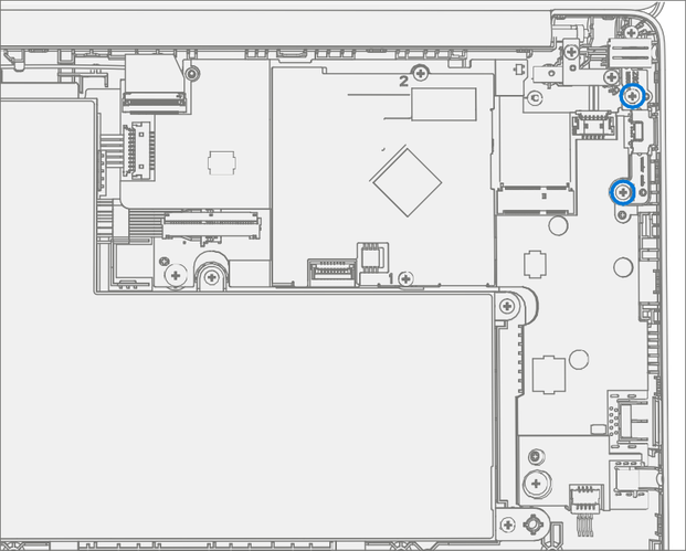 Screenshot that shows securing the PCBA with two new screws while keeping adjacent cables clear.