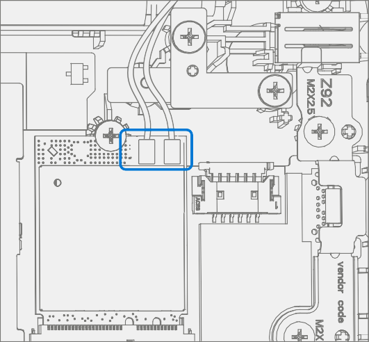 Screenshot that shows reconnecting white (right) and black (left) antenna leads to the WiFi module.
