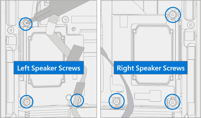 Diagram showing installation of left and right speakers into the keyboard with screw locations highlighted