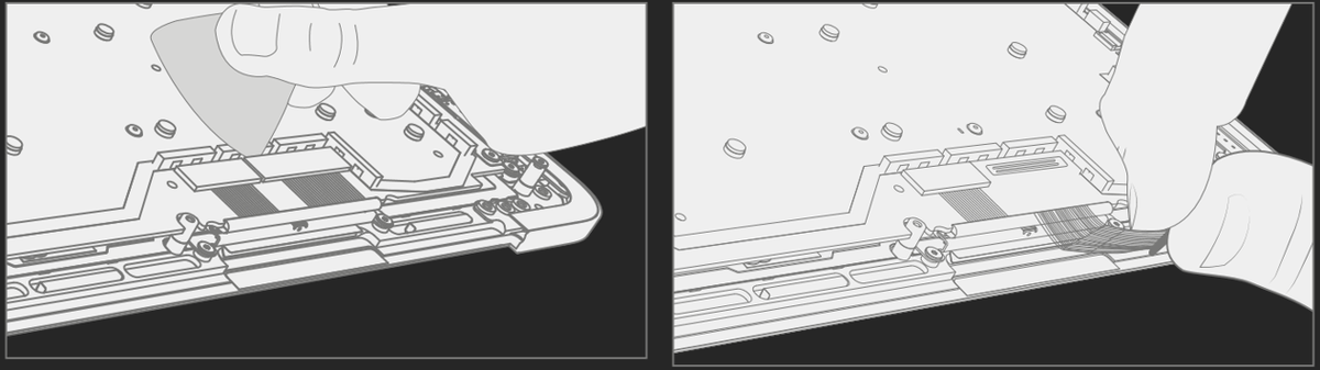 Diagram showing disconnection of the four display cable connectors from the PCBA using a plastic tool