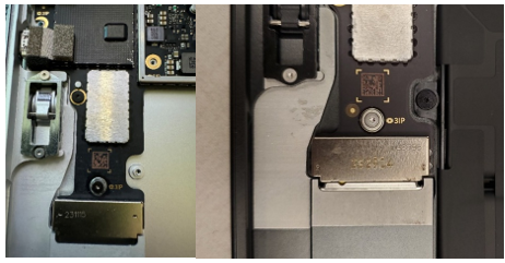Screenshot that shows RF tape aligned around bottom motherboard screw position