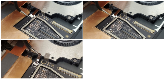 Screenshot that shows lifting fan FPC locking tab with tweezers before cable extraction