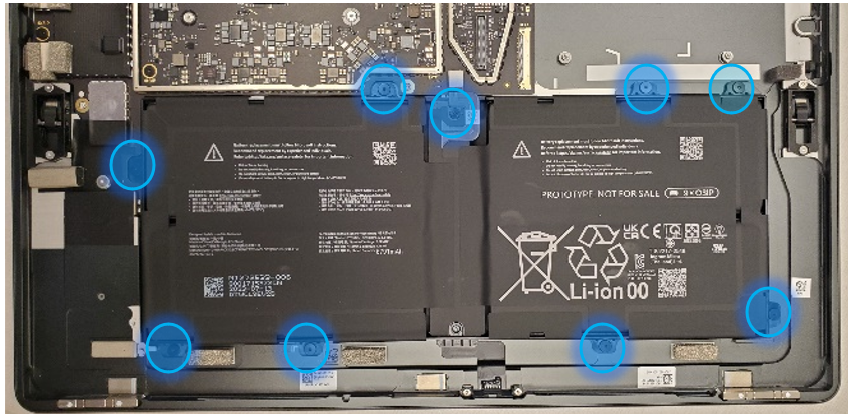 Screenshot that shows nine battery frame screw locations before removal