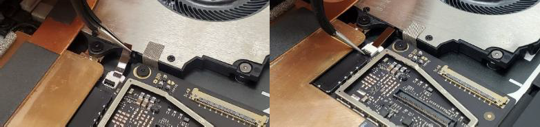 Screenshot that shows fan FPC fully seated with white alignment lines just covered and locking tab pressed down.