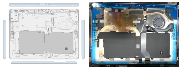 Screenshot that shows four PSA adhesive strips applied along enclosure edges before display bonding.