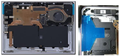 Screenshot that shows left and right speaker meshes adhered to the inverted display edges using clear handles.