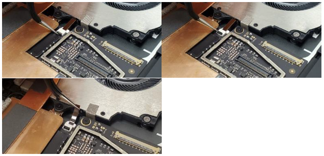 Screenshot that shows lifting fan connector locking tab and sliding FPC out of motherboard socket.