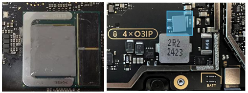 Screenshot that shows CPU and charger THM pads positioned on Intel-only motherboard before assembly.