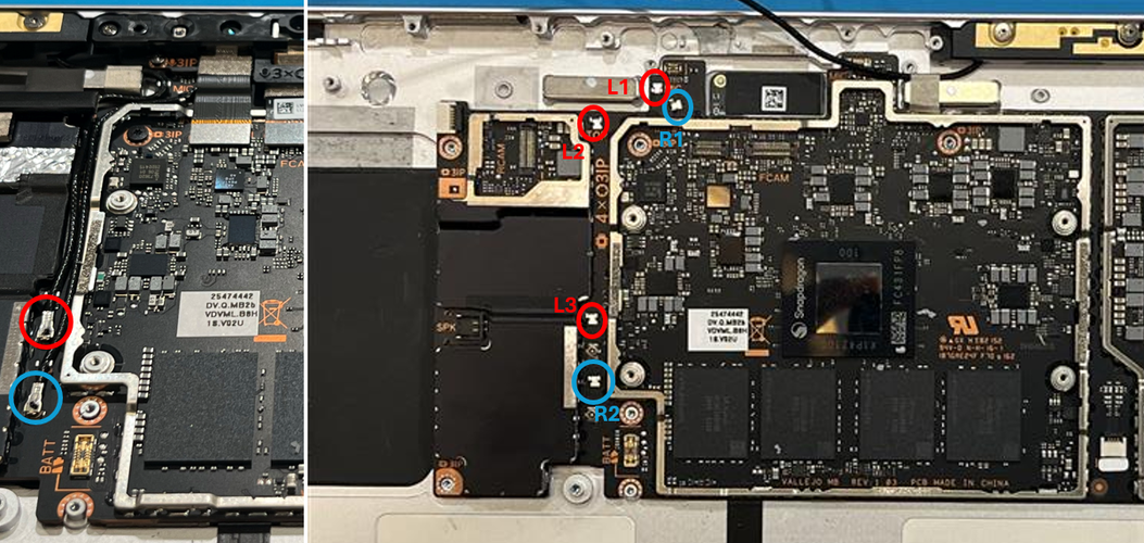 Photo that shows the motherboard area where the antenna coax cable connectors are located.