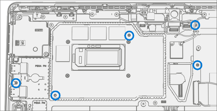 Screenshot that shows the five screws securing the motherboard to the chassis before removal.