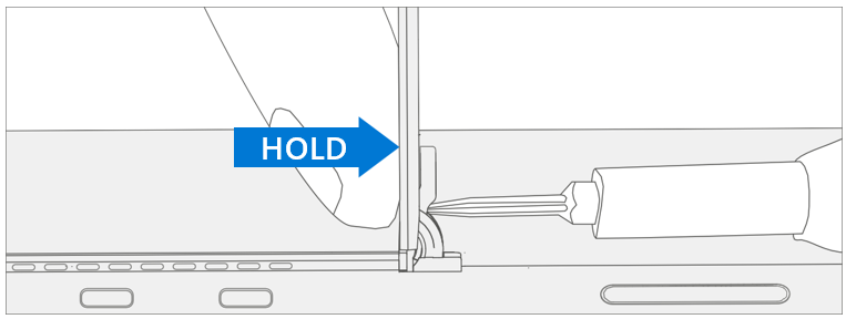 Screenshot that shows removing the hinge screws from the kickstand while holding the back of the kickstand.