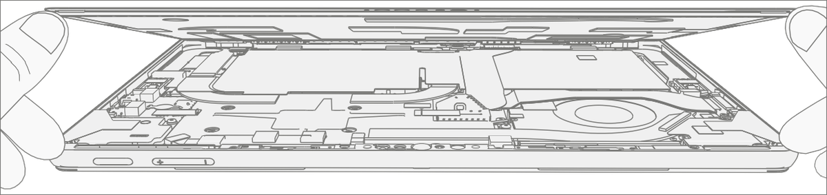 Screenshot that shows the display lifted and edges inspected for remaining adhesive after separation.