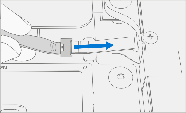 Screenshot that shows disconnecting the fan from the motherboard by releasing the locking bar with a spudger.
