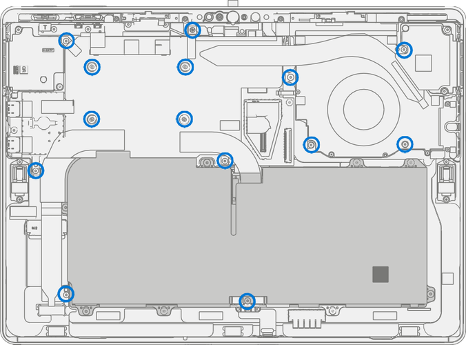 Screenshot that shows aligning the thermal module and fan to screw holes on the motherboard before lowering into place.