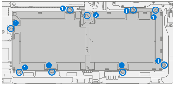 Screenshot that shows the nine battery screws and their removal using 4IP and 3IP drivers.