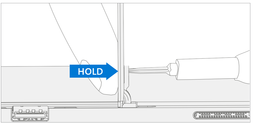 Screenshot that shows loosening and removing the hinge screws while supporting the kickstand from behind.