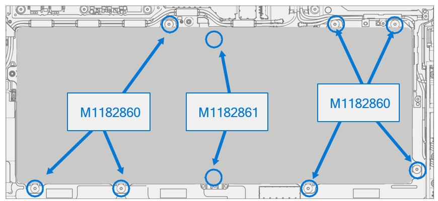 Diagram of driver tightening seven frame screws and two center PCM screws around battery.