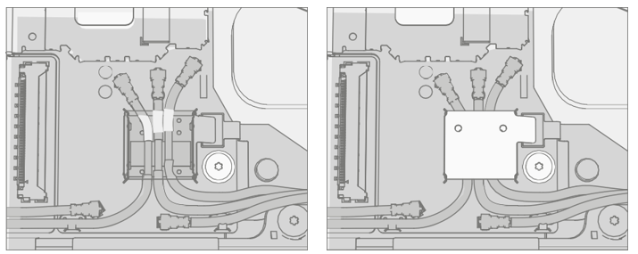 Screenshot that shows coax cables reattached and shield lid snapped back over bottom connectors.