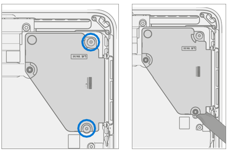 Diagram of two right speaker screws being removed before speaker extraction.