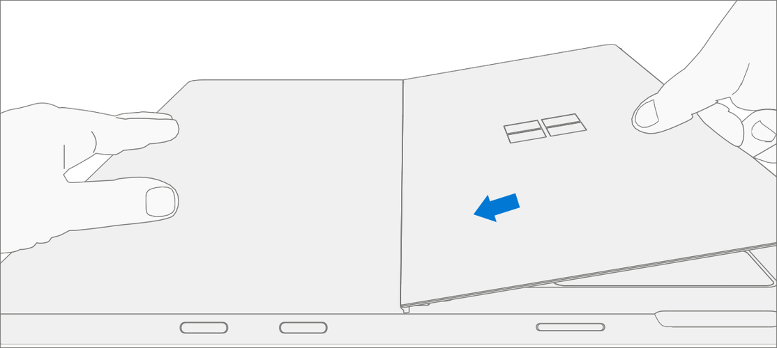 Diagram of fingers rotating the kickstand slightly to catch the outer lip of the hinge.