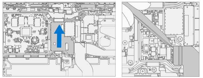 Diagram of T2 shield lid being lifted to expose display FPC connector for removal.
