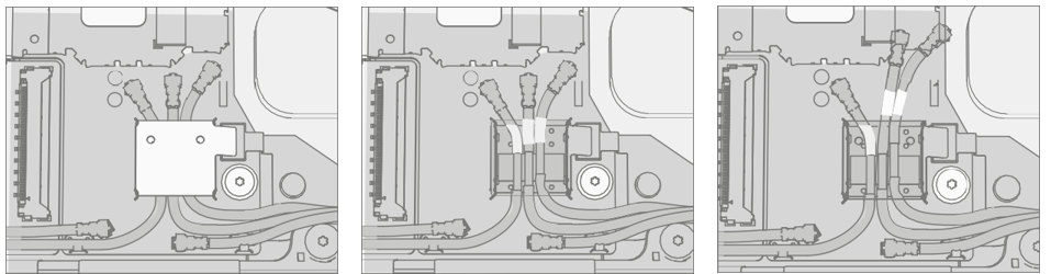 Diagram of coax cable shield lid being removed and two right coax cables lifted off.