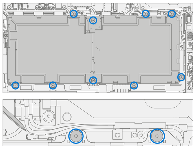 Screenshot that shows battery frame with seven frame screws and two PCM screws highlighted.