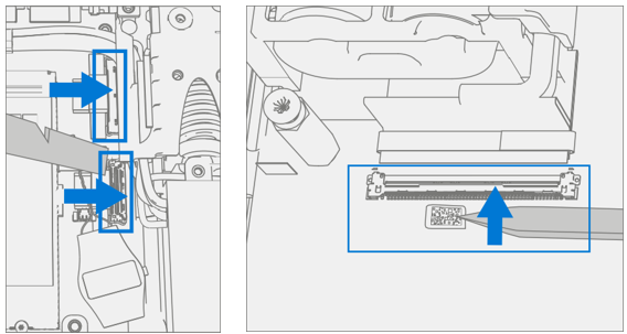 Screenshot that shows lifting locking bars and sliding ribbon cables out of the motherboard connectors.