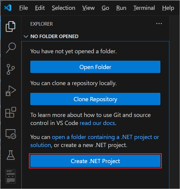 Screenshot of selecting Create .NET Project.