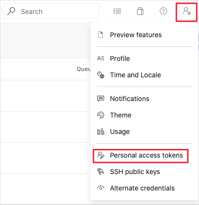 A screenshot of Azure DevOps showing the location of the Personal access tokens menu item.