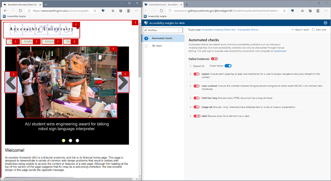Screenshot of a sample Accessibility Insights for Web check. The failures are highlighted on the left on the target page and are also listed on the right on the Accessibility Insights Automated checks page.