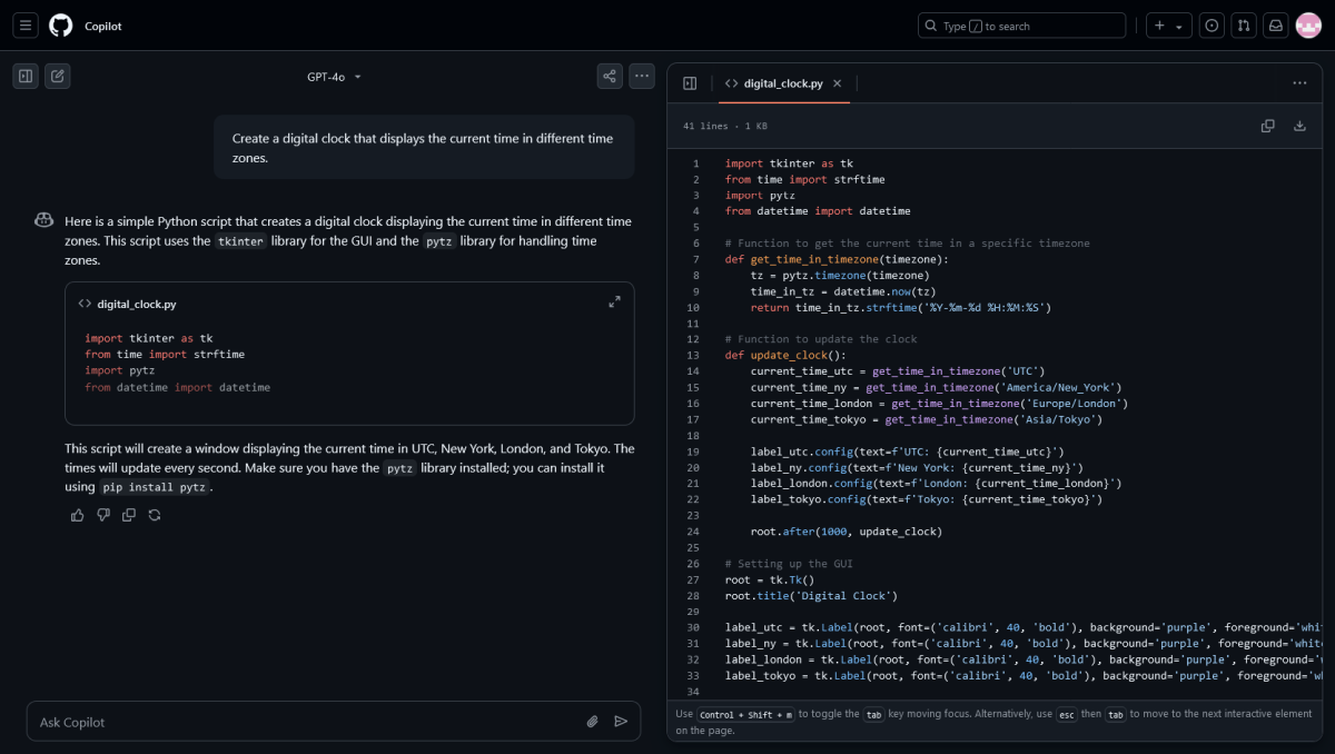 Screenshot of a chat in which GitHub Copilot helps a learner write tests for a Python function.