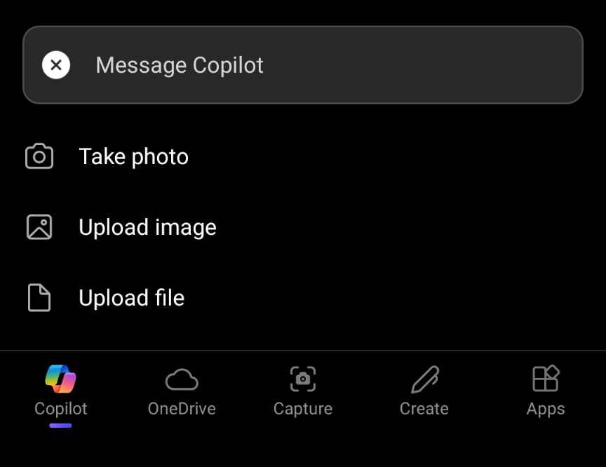 Screenshot showing the Visual Search image selection options in Microsoft Copilot.