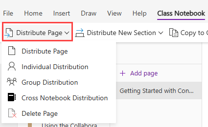 Screenshot of the OneNote Class Notebook Distribute page button.