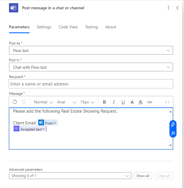 Screenshot of the updated Post message in a chat or channel action with the Accepted text dynamic content.