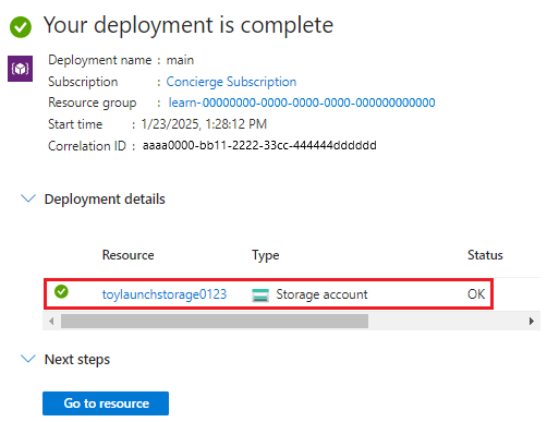 Screenshot of the Azure portal interface for the specific deployment, with one storage account resource listed.