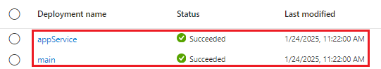 Screenshot of the Azure portal interface for the deployments, with the two deployments listed and succeeded statuses.