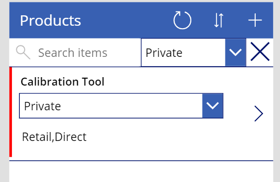Screenshot of the products filtered to Private in Power Apps.