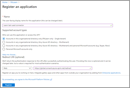 Screenshot of the Register an appliation window.