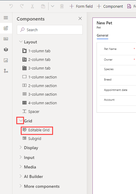 Screenshot of components menu with the Grid field expanded and Editable Grid selected.